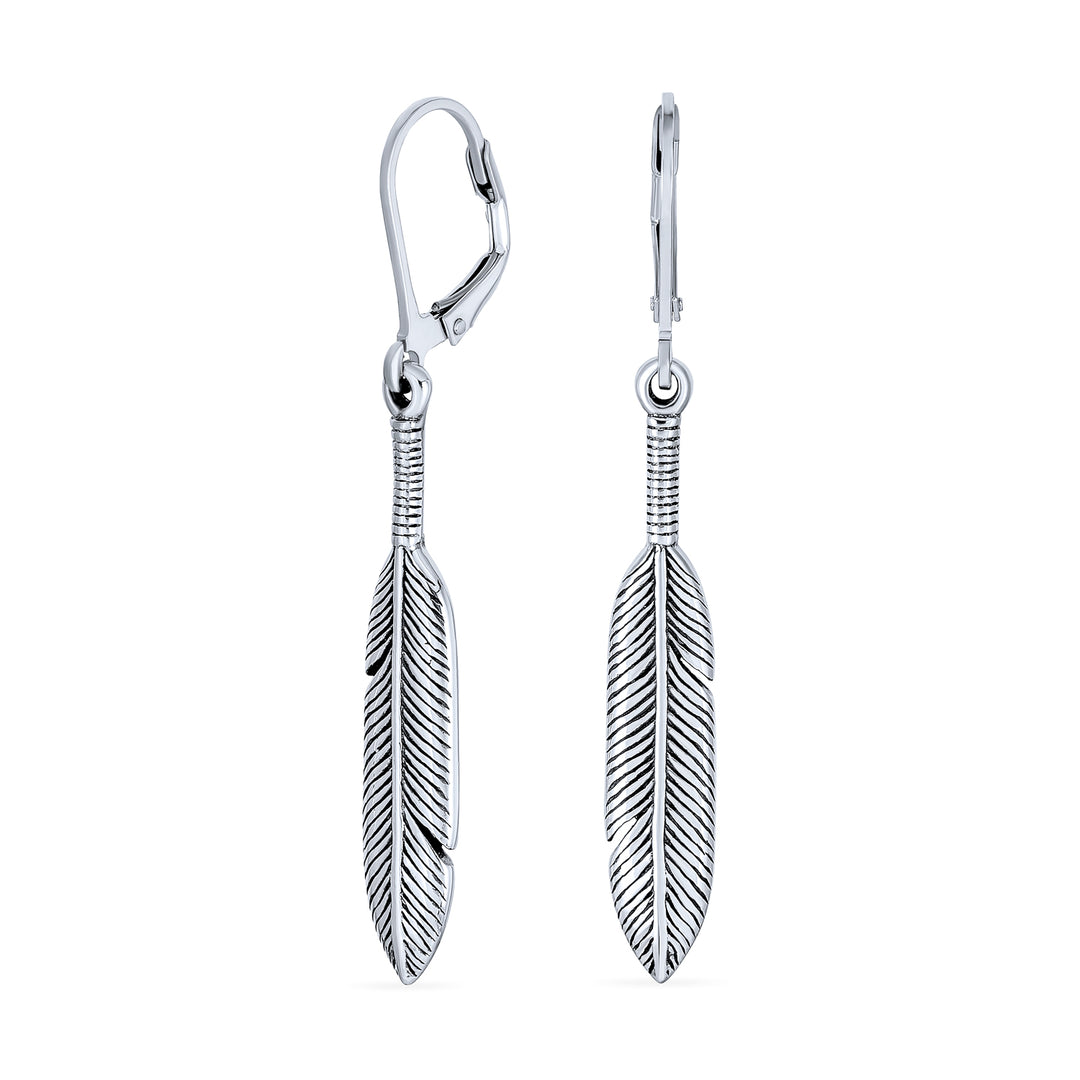 Native American Leaf Feather Two Tone Dangle Earrings Western