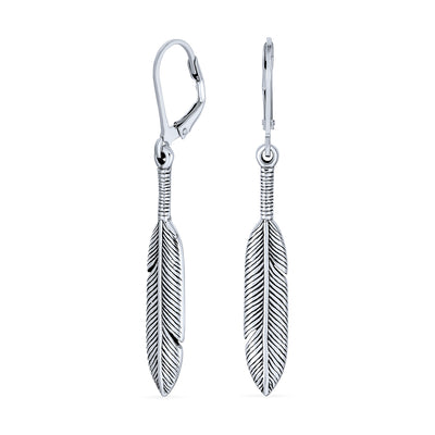 Western Native American Style Leaf Feather Dangle Earrings .925 Silver