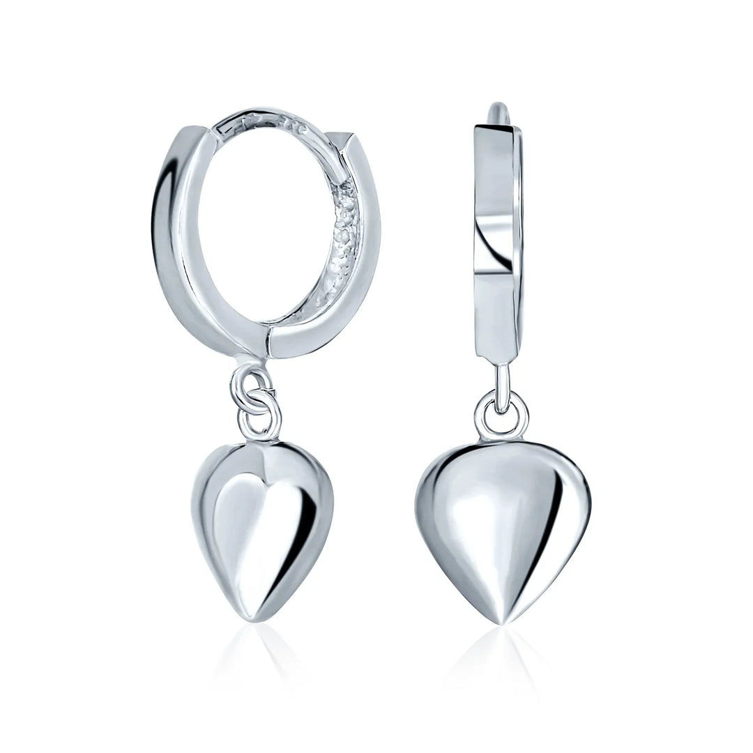 Love Heart Dangle Earrings Sterling Silver Huggie Mini Hoops