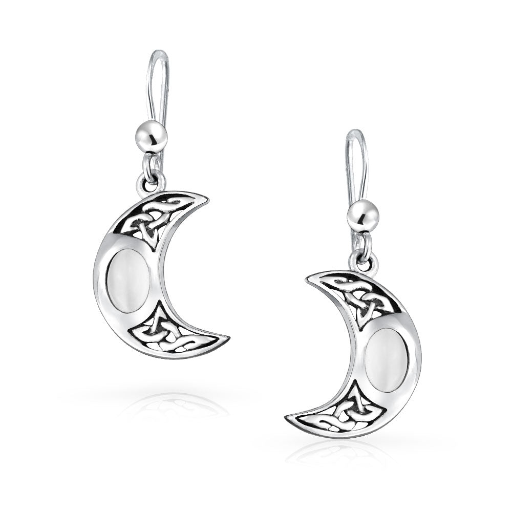 White Crescent Moon Moonstone Celtic Knot Oval Dangle Earrings Silver