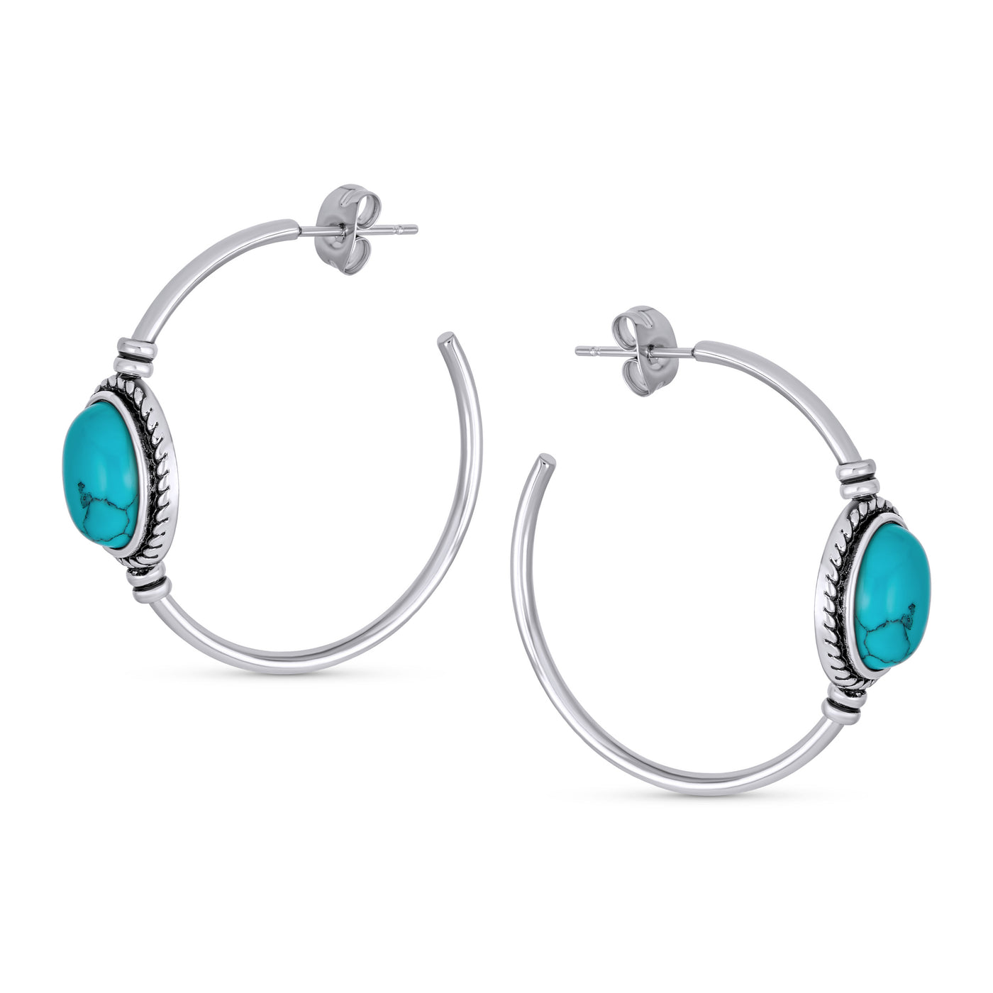 Oval Turquoise Twisted Rope Hoop Stud Western Earrings Stainless Steel