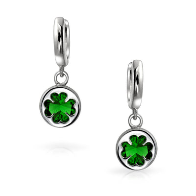 Celtic Four Leaf Clover Emerald Green Dangle Earrings Sterling Silver