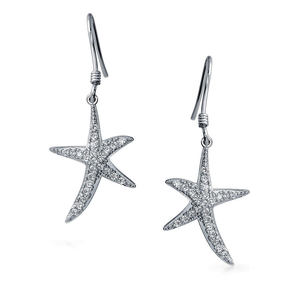Cubic Zirconia Pave CZ Starfish Drop Dangle Earrings Sterling Silver