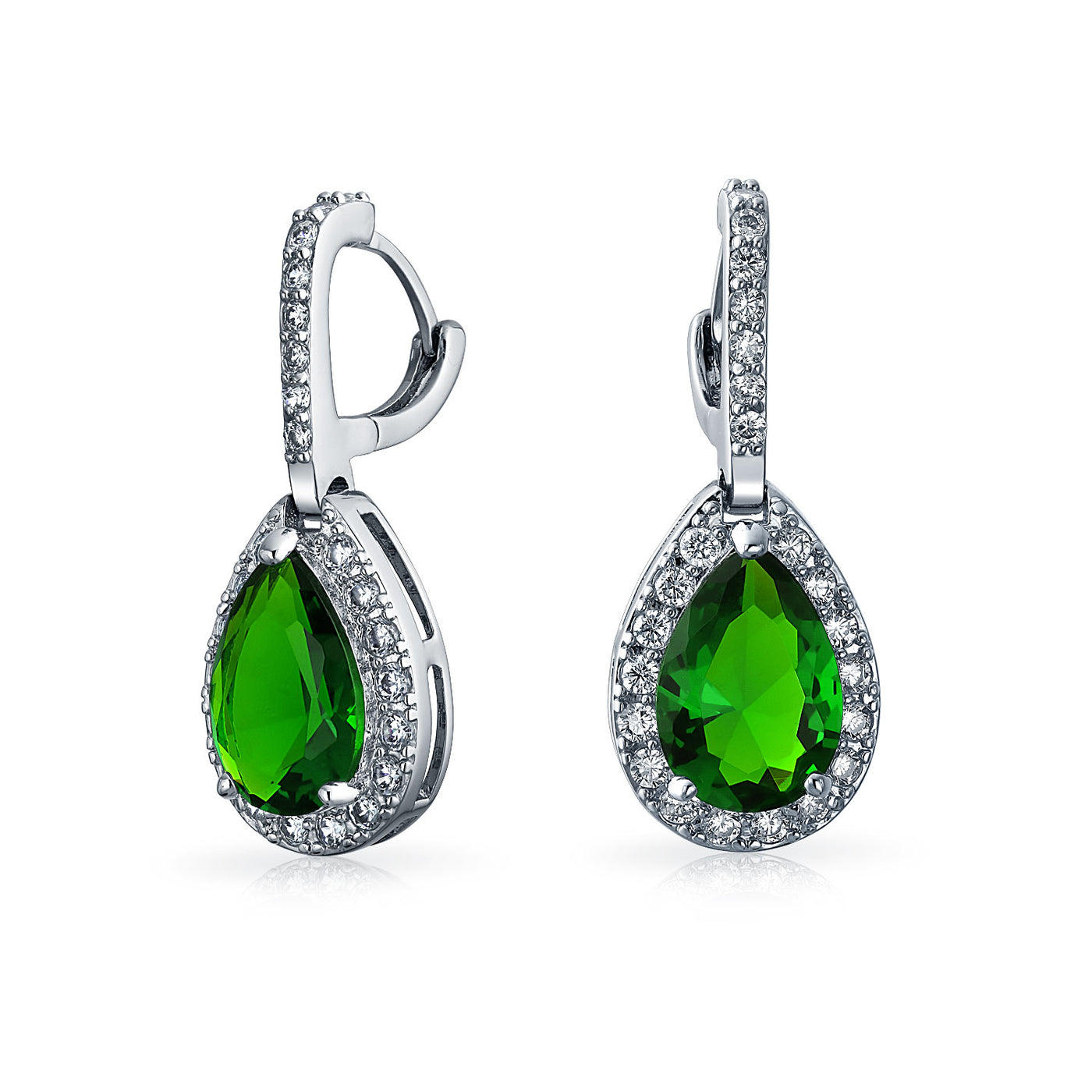 Set of 2 Teardrop Pave Cubic Zirconia CZ Green & Pink Hoop Earrings