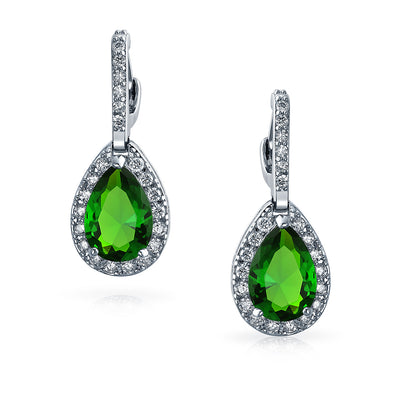 Set of 2 Teardrop Pave Cubic Zirconia CZ Green & Pink Hoop Earrings