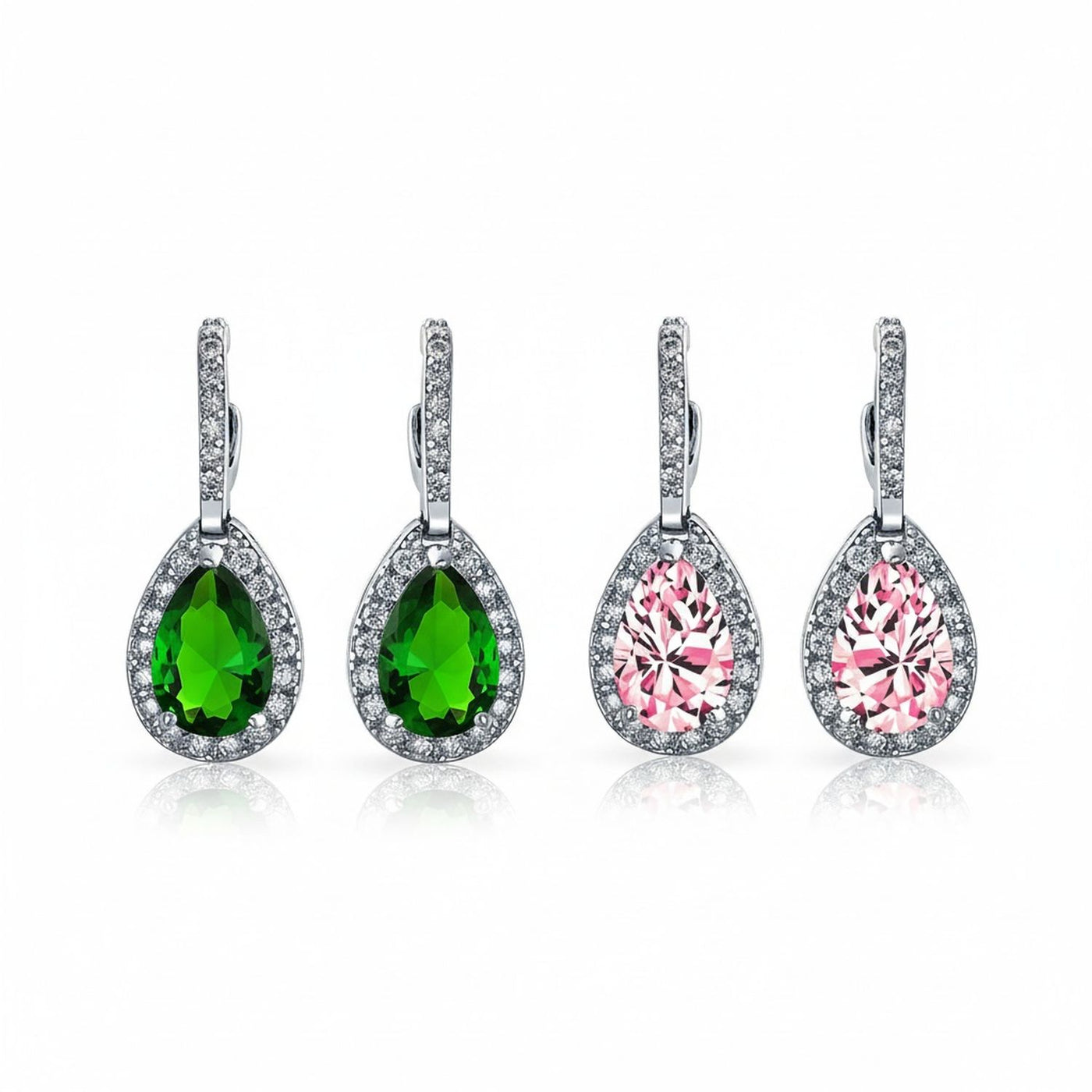Set of 2 Teardrop Pave Cubic Zirconia CZ Green & Pink Hoop Earrings