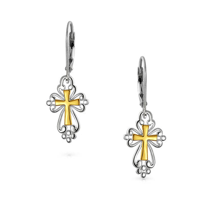 Religious Fleur De Lis Dangle 2 Tone Cross Earrings Gold Plated Silver