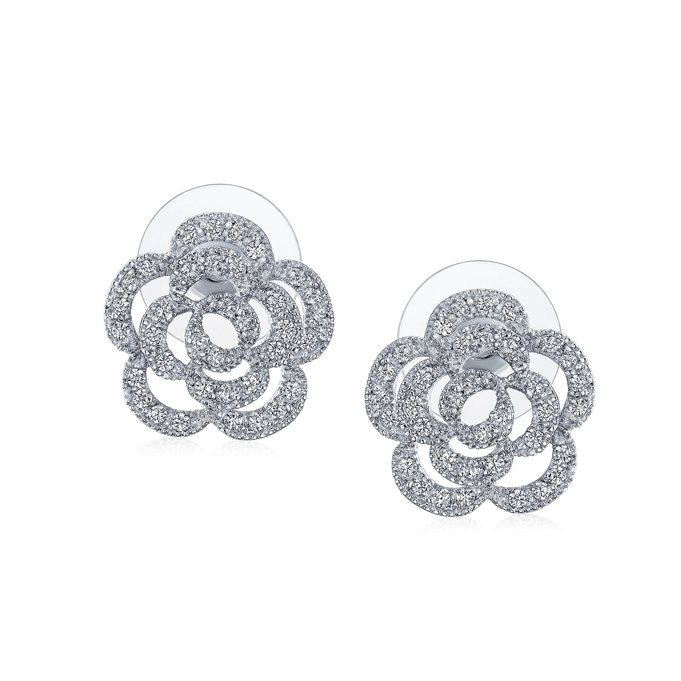Bridal Pave CZ Accent Open Floral Love Rose Flower Stud Earrings