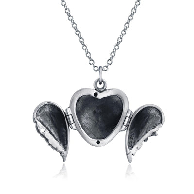 Vintage Style Guardian Angel Wing Heart Photo Locket Necklace Silver Pendant