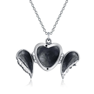Vintage Style Guardian Angel Wing Heart Photo Locket Necklace Silver Pendant - Bling Jewelry