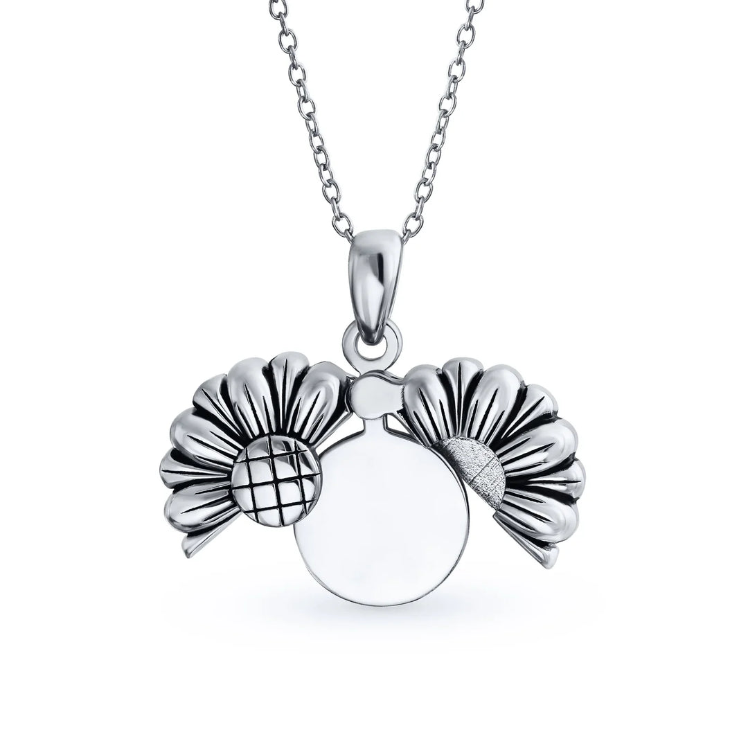 Floral Sunflower Locket Necklace in Rhodium Plated Sterling Silver