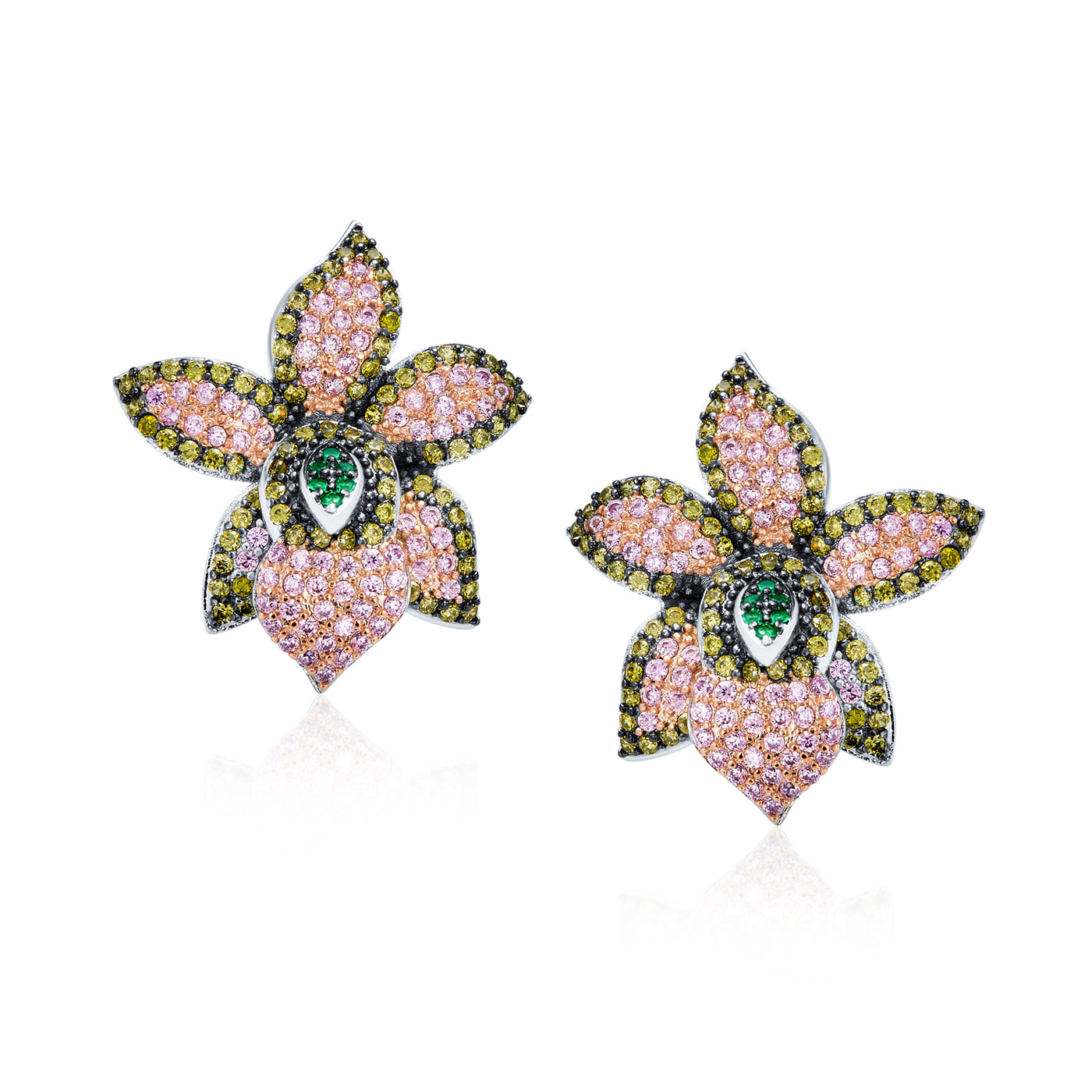 3D Pink Orchid Flower Shaped Pave CZ Stud Earrings Silver Plated