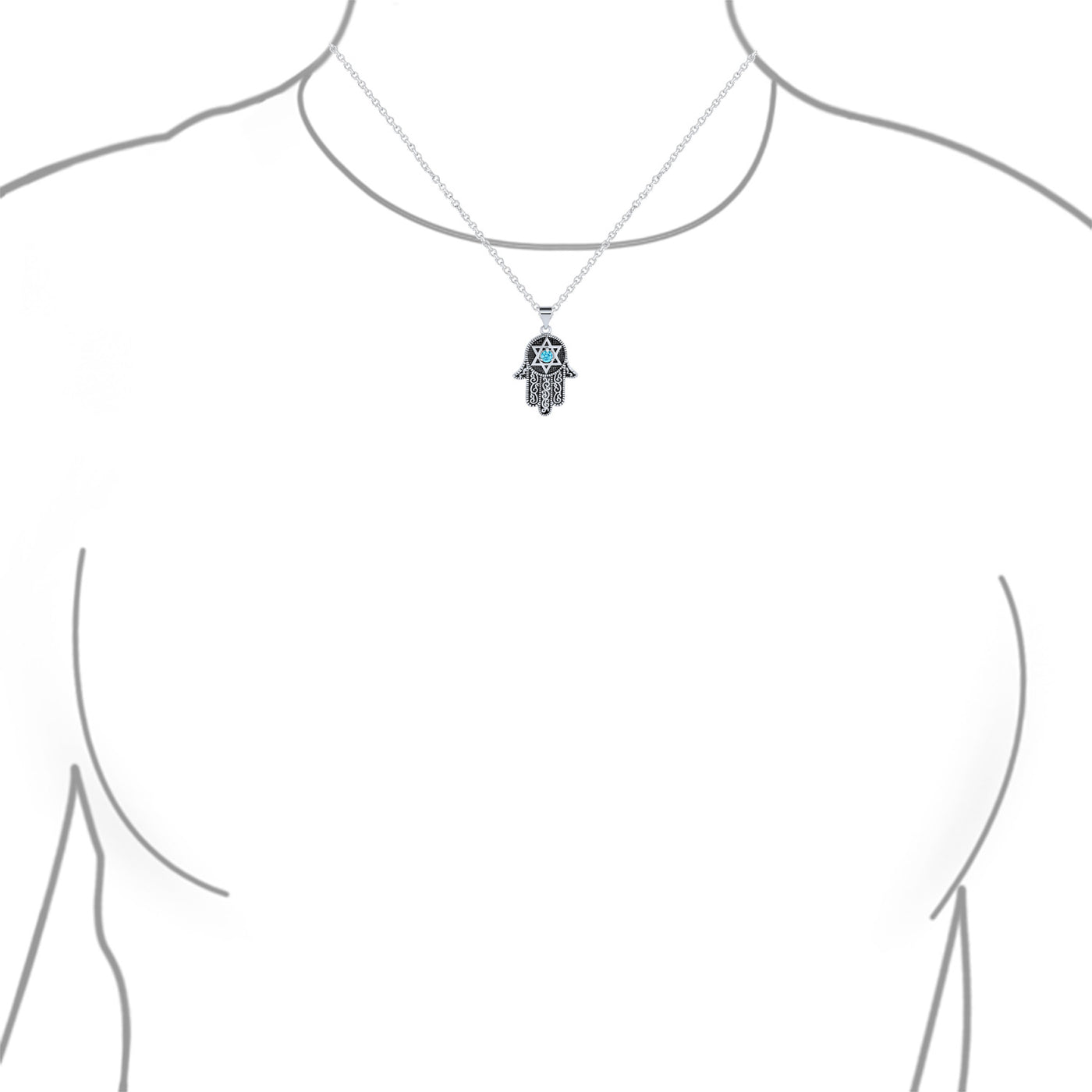 Hamsa Hand OF God Star OF David Pendant Necklace Blue CZ Black Plated