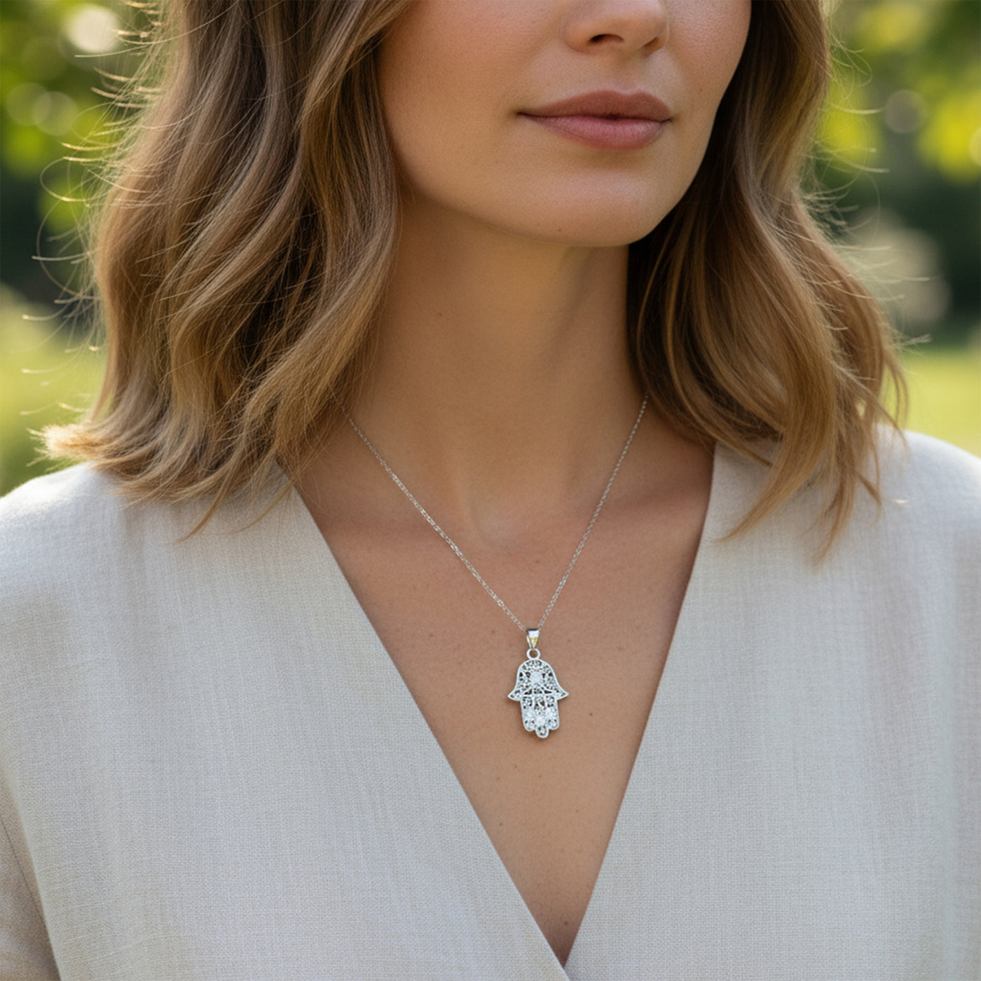 Yoga Filigree Hamsa Pendant Necklace in Sterling Silver - Hand of God Amulet