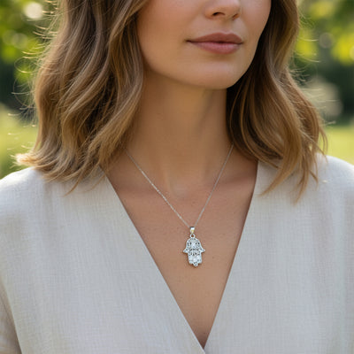 Yoga Filigree Hamsa Pendant Necklace in Sterling Silver - Hand of God Amulet