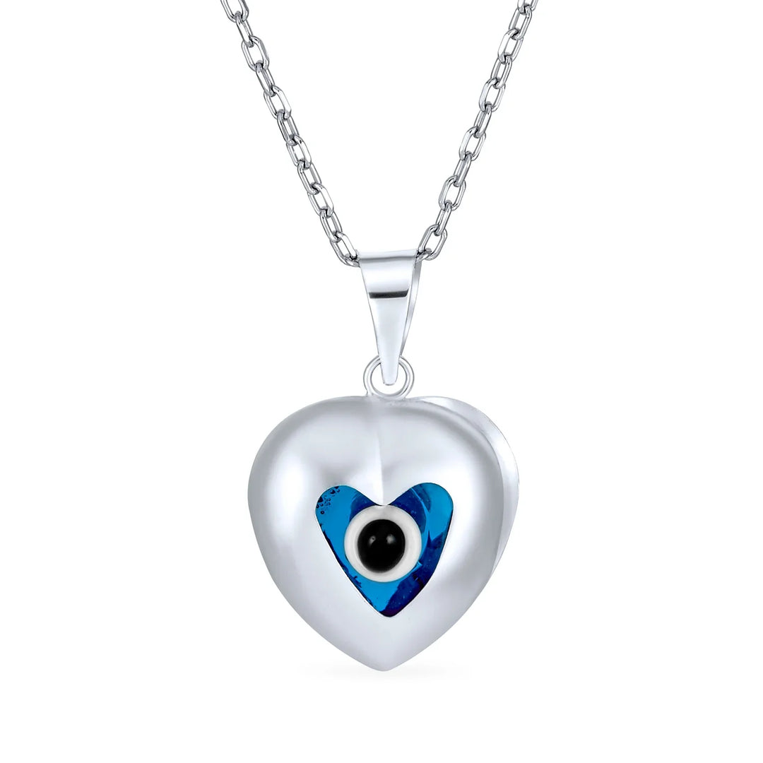 Turkish Evil Eye Heart Charm Pendant Necklace in Sterling Silver
