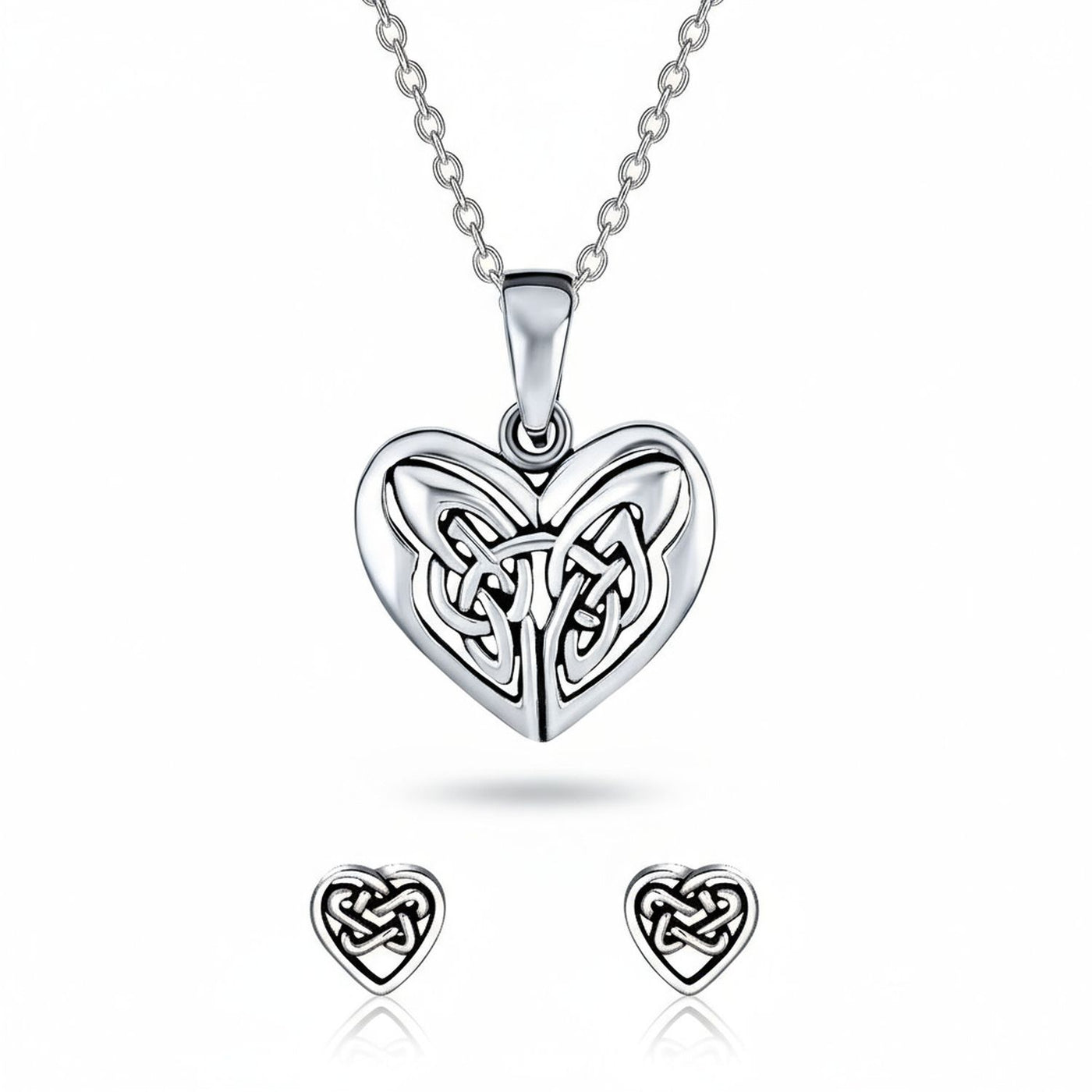 Celtic Infinity Knot Necklace & Heart Stud Earrings Set Oxidized Sterling Silver