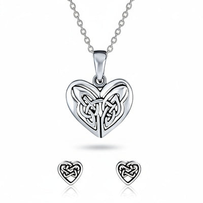 Celtic Infinity Knot Necklace & Heart Stud Earrings Set Oxidized Sterling Silver