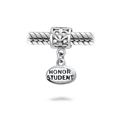Set of 2 Graduation Cap & Words Honor Student Dangle Charm Bead Sterling Silver