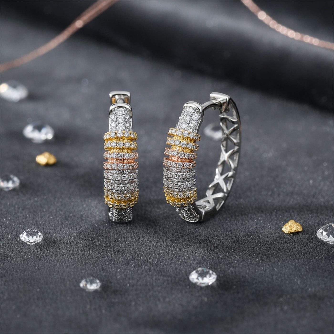 Tri-Color Pave CZ Oval Hoop Earrings Rose Gold Silver Plated