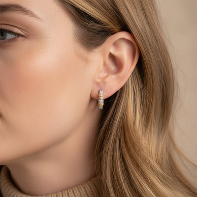 Tri-Color Pave CZ Oval Hoop Earrings Rose Gold Silver Plated