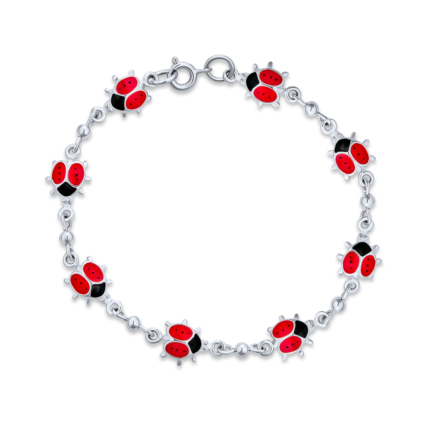 Good Luck Chain Link Bracelet Red Ladybugs Charms Sterling Silver 7-7.5 Inch