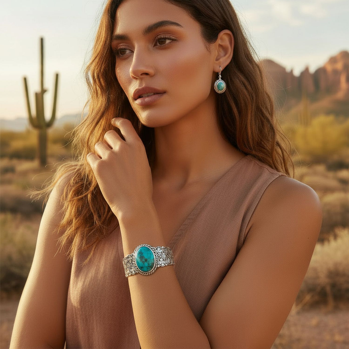 Western Turquoise Gemstone Lattice Bracelet & Dangle Earring Set Sterling Silver