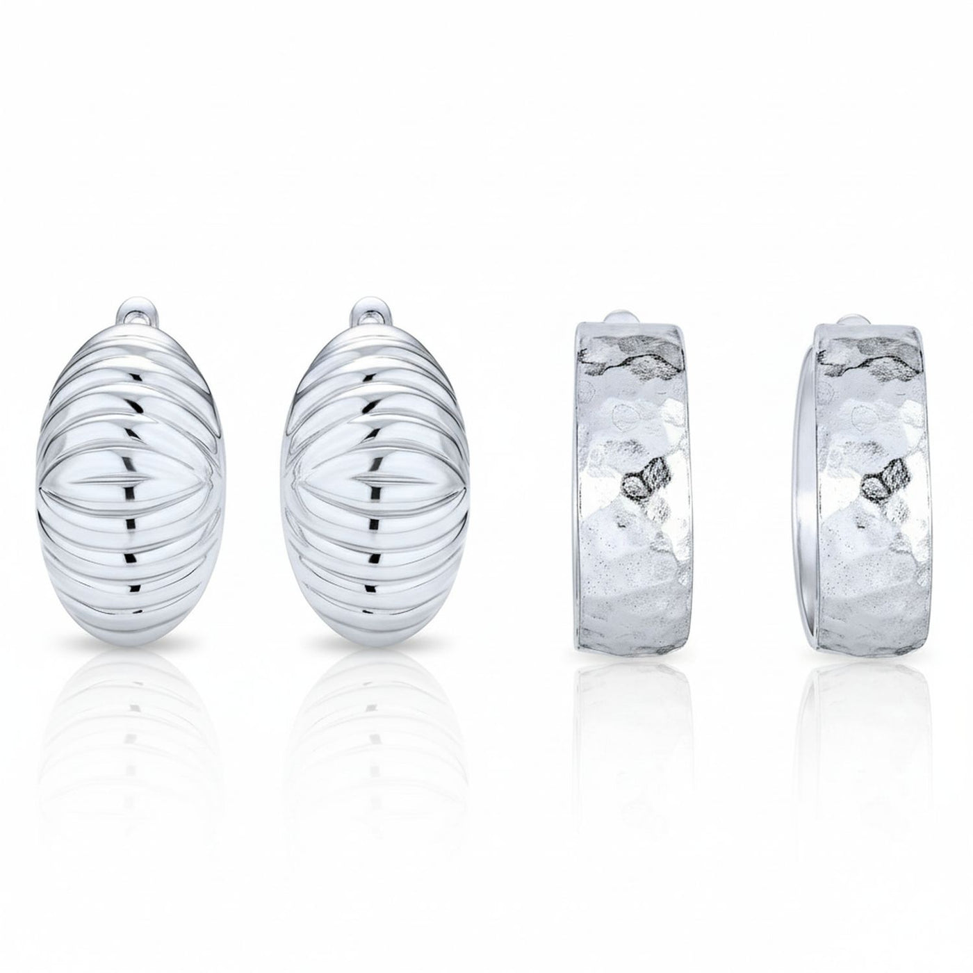 Set of 2 Polished Shrimp Dome and Matte Hammered Hoop Clip-On Earrings Silver