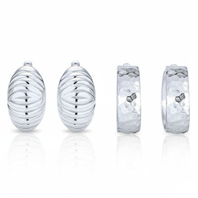 Set of 2 Polished Shrimp Dome and Matte Hammered Hoop Clip-On Earrings Silver
