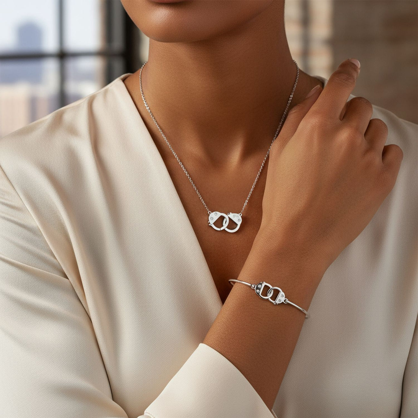 Delicate CZ Accent Handcuff Pendant Necklace & Bangle Bracelet Sterling Silver