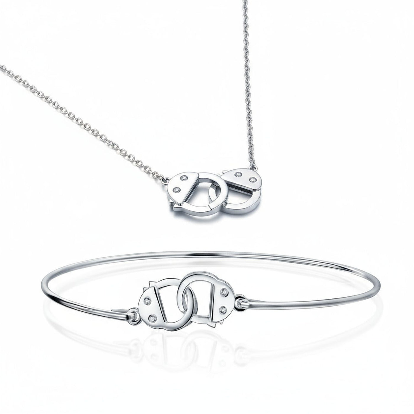 Delicate CZ Accent Handcuff Pendant Necklace & Bangle Bracelet Sterling Silver
