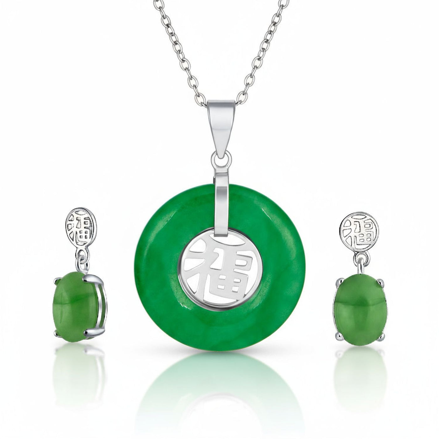Asian Style Fu Character Green Jade Necklace & Earrings Set Sterling Silver