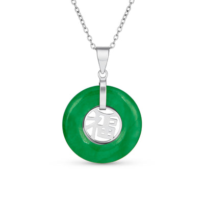 Asian Style Fu Character Green Jade Necklace & Earrings Set Sterling Silver