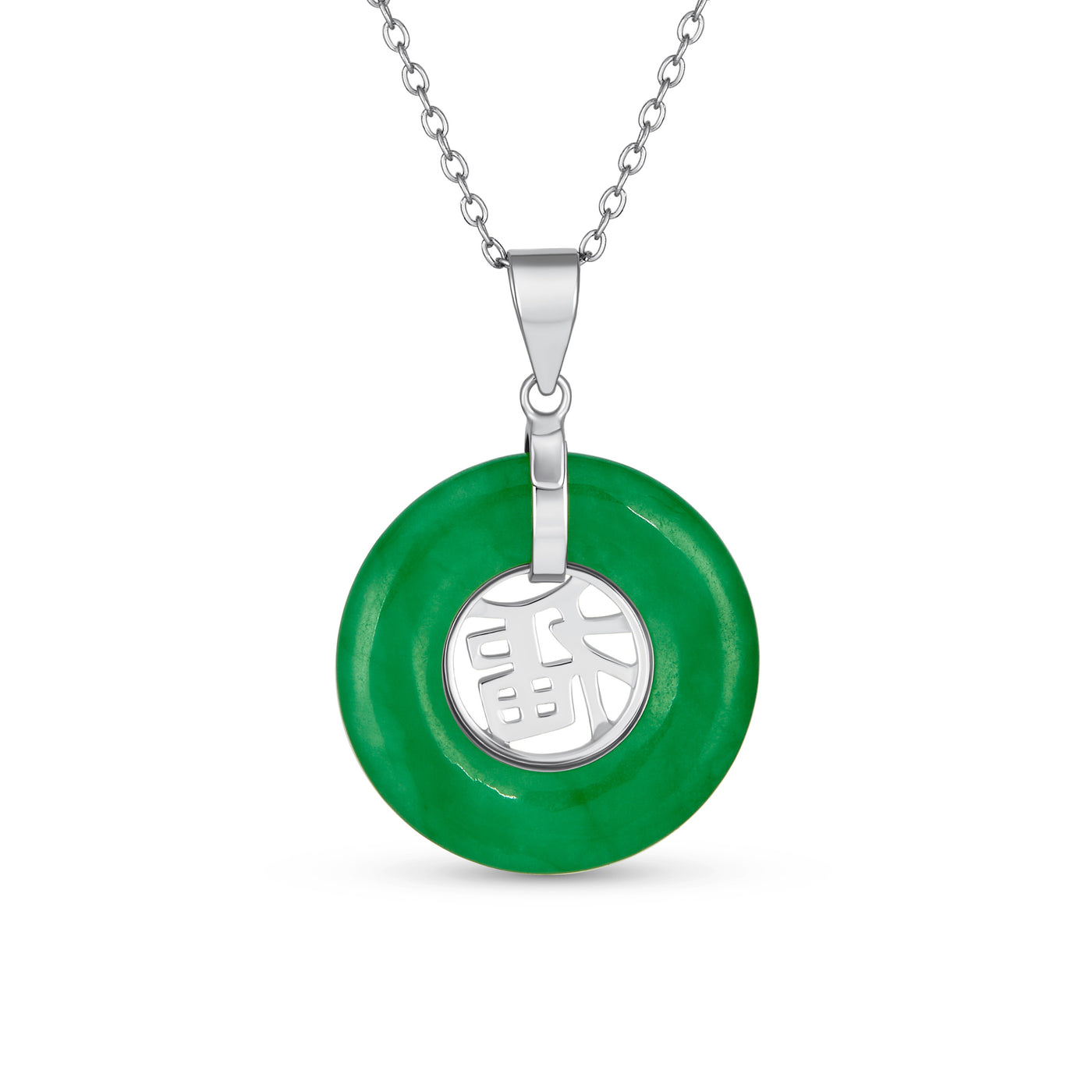 Asian Style Fu Character Green Jade Necklace & Earrings Set Sterling Silver