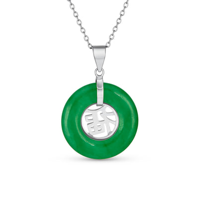 Asian Style Fu Character Green Jade Necklace & Earrings Set Sterling Silver