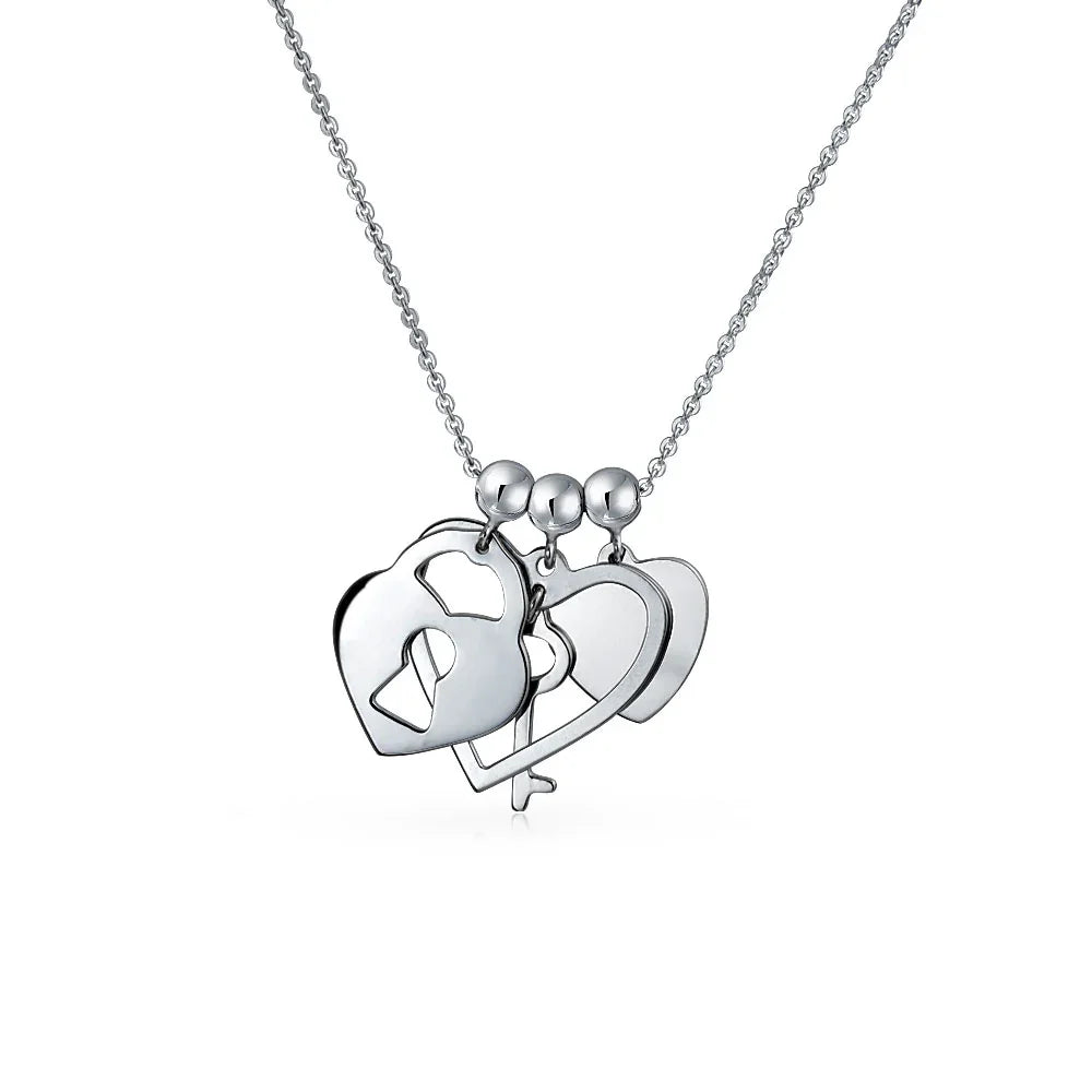 Romantic Lock Key Heart 3 Charm Pendant .925Sterling Silver Necklace - Bling Jewelry