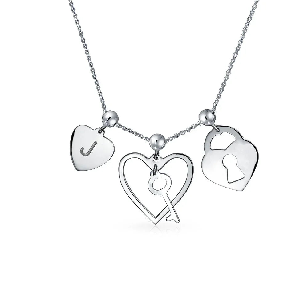 Romantic Lock Key Heart 3 Charm Pendant .925Sterling Silver Necklace - Bling Jewelry