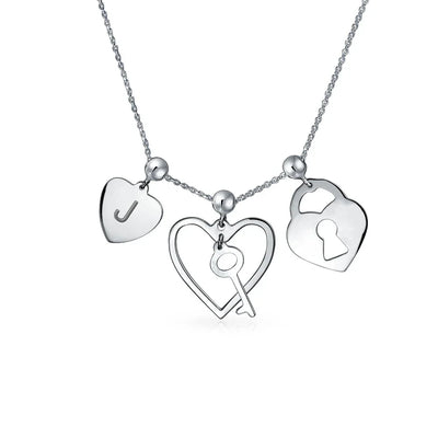 Romantic Lock Key Heart 3 Charm Pendant .925Sterling Silver Necklace - Bling Jewelry