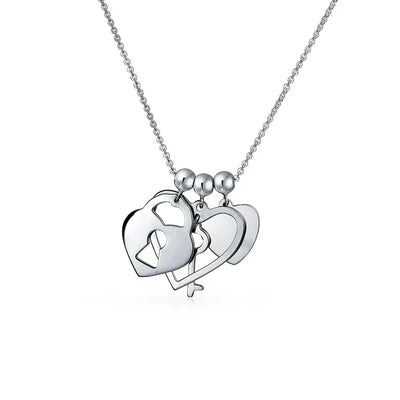 Romantic Lock Key Heart 3 Charm Pendant .925Sterling Silver Necklace - Bling Jewelry