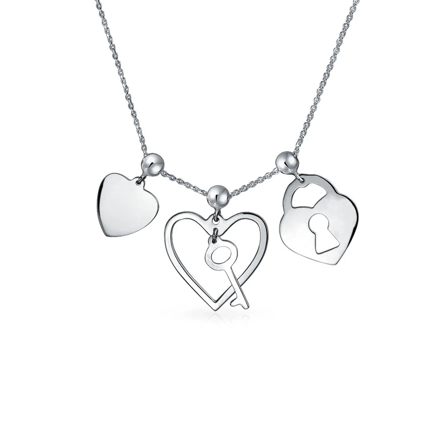 Romantic Lock Key Heart 3 Charm Pendant .925Sterling Silver Necklace - Bling Jewelry