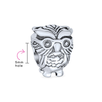 Set of 2 Wise Graduate Owl Bird & Book Charm Bead Oxidized Sterling Silver