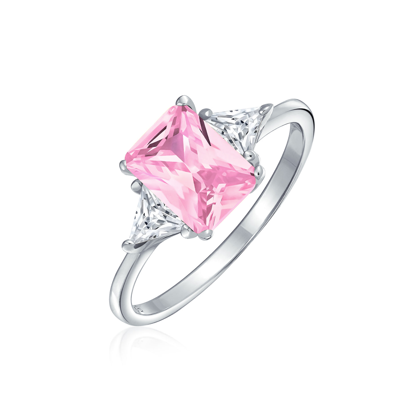 Bridal 3 Stone CZ Pink Emerald Cut Engagement Ring with Trillion Accents Silver