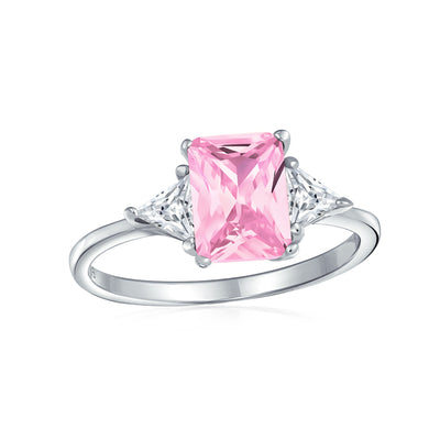 Bridal 3 Stone CZ Pink Emerald Cut Engagement Ring with Trillion Accents Silver