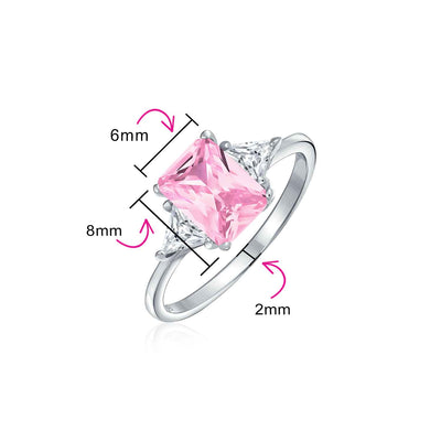 Bridal 3 Stone CZ Pink Emerald Cut Engagement Ring with Trillion Accents Silver