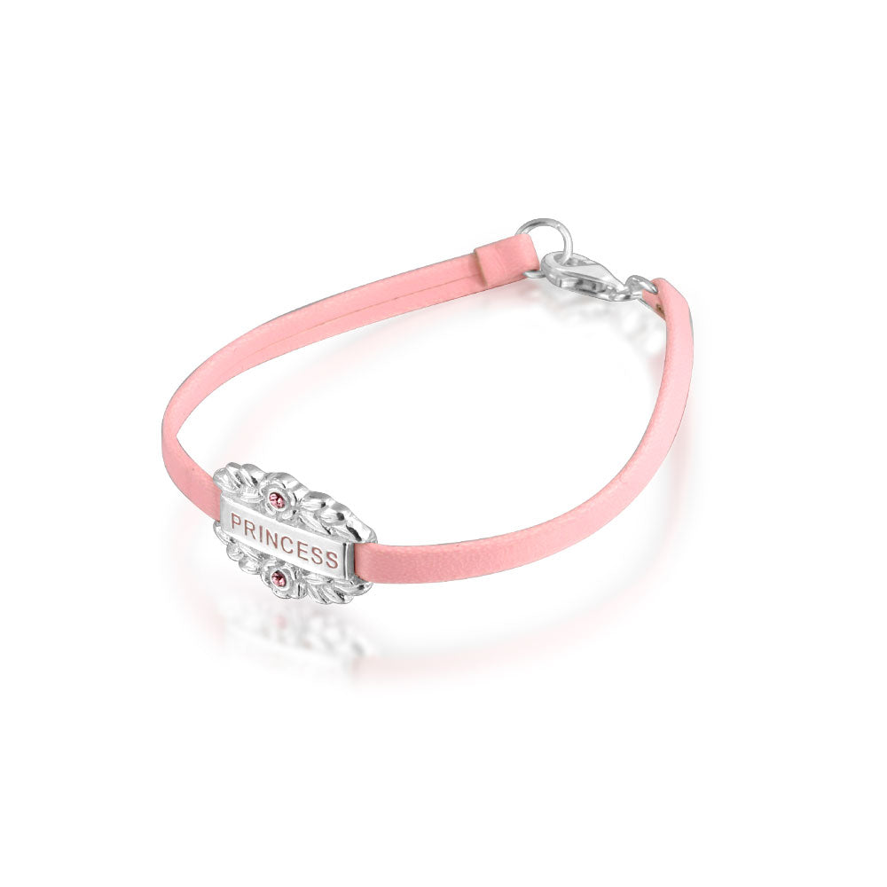Pink Princess Heart Charm Bangle Leather Bracelet .925 Sterling Silver