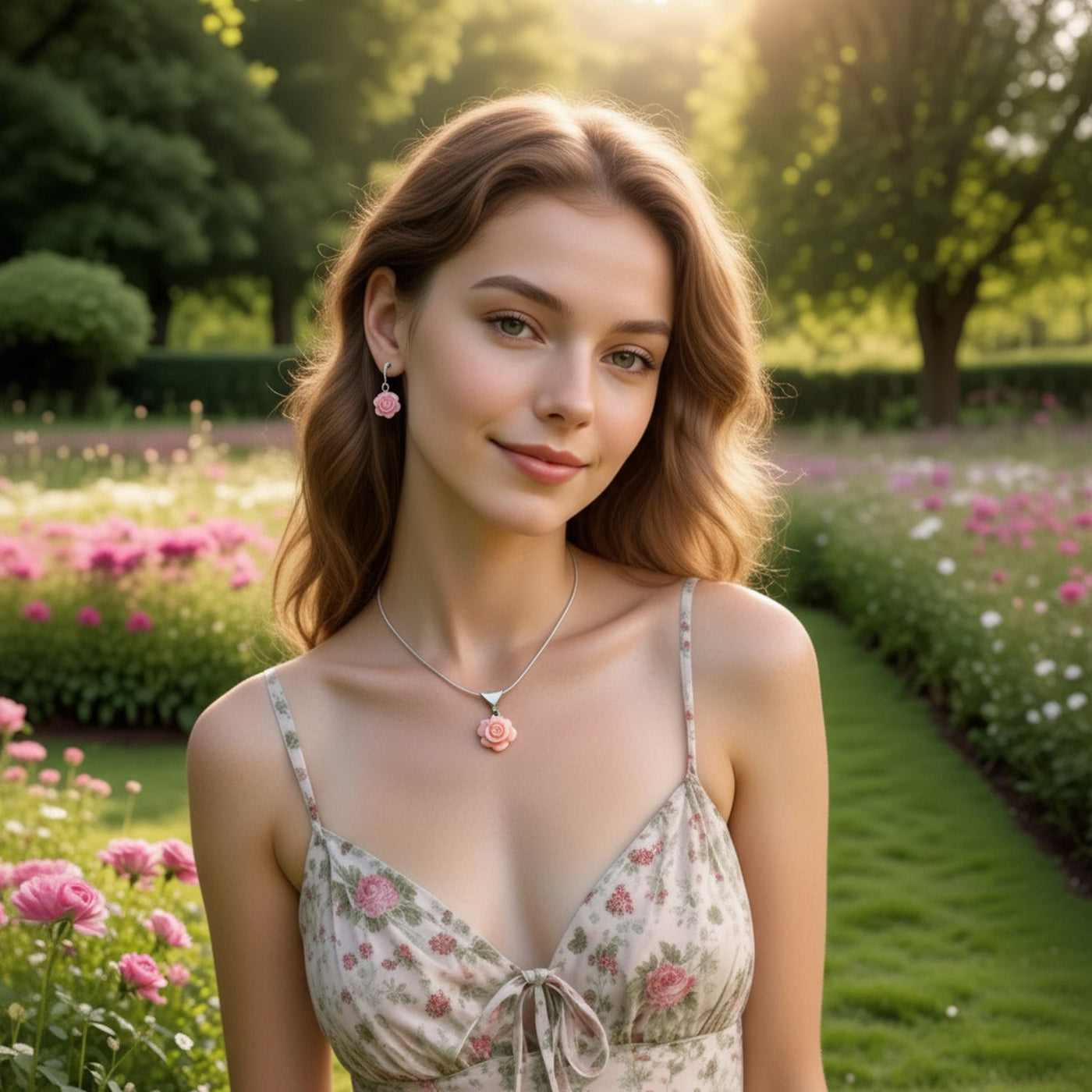 3D Pink Rose Green CZ Pendant Necklace & Lever back Dangle Earrings Set Silver