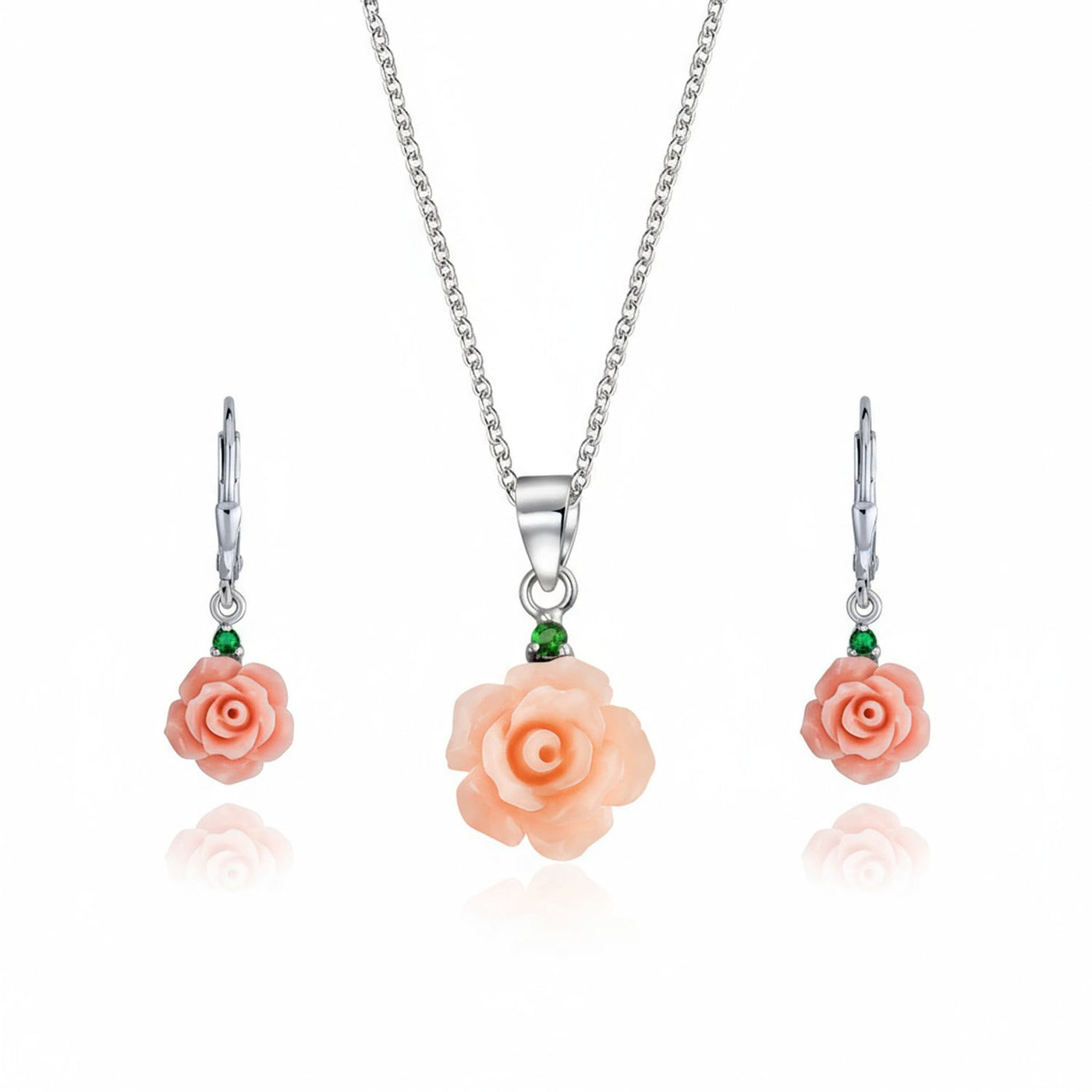3D Pink Rose Green CZ Pendant Necklace & Lever back Dangle Earrings Set Silver