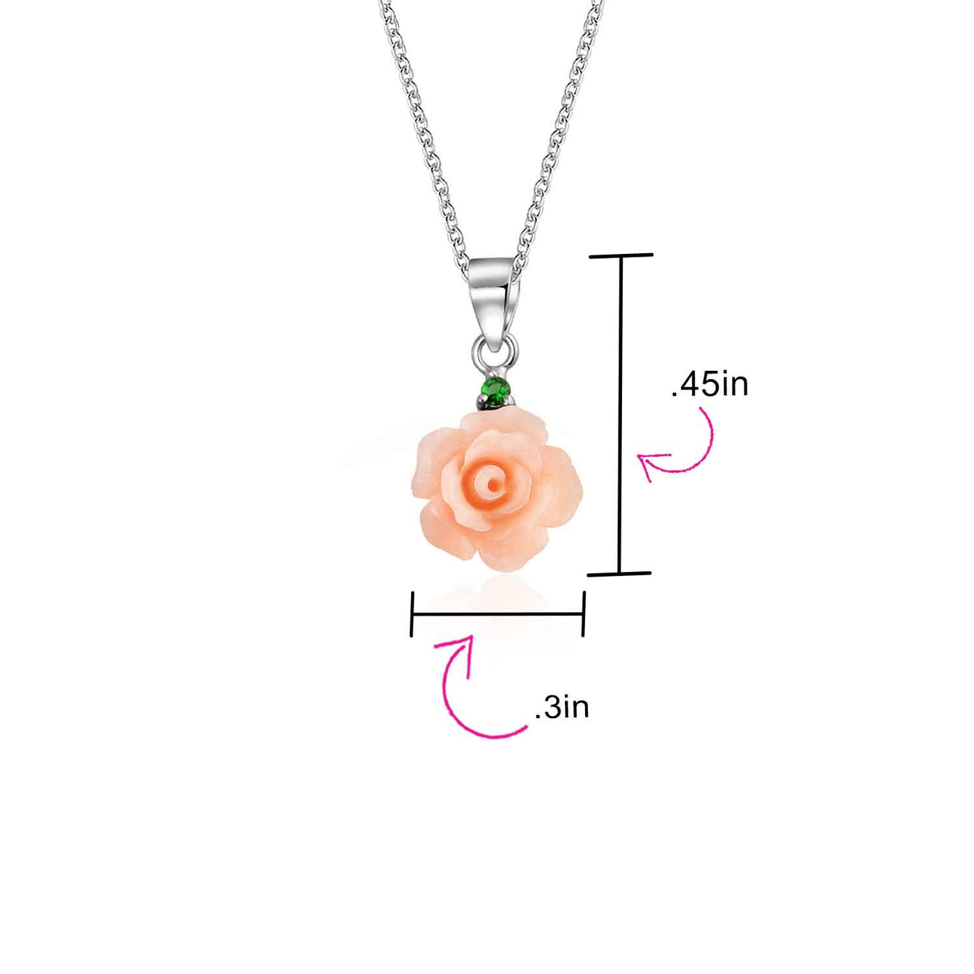 3D Pink Rose Green CZ Pendant Necklace & Lever back Dangle Earrings Set Silver