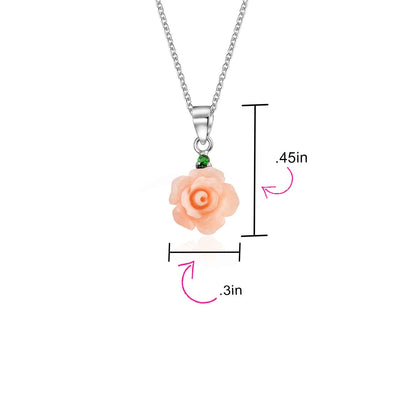 3D Pink Rose Green CZ Pendant Necklace & Lever back Dangle Earrings Set Silver
