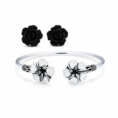 Bali Plumeria Flower Bypass Cuff Bracelet & 3D Black Rose Stud Earrings Set